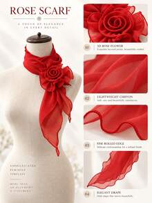 Women's Lightweight Sheer Chiffon Scarf With Detachable 3D Rose Decor, Wavy Ruffle Edge Long Neck Scarf, Suitable For Wedding, Party And Daily Wear - Multicolor - View 4
