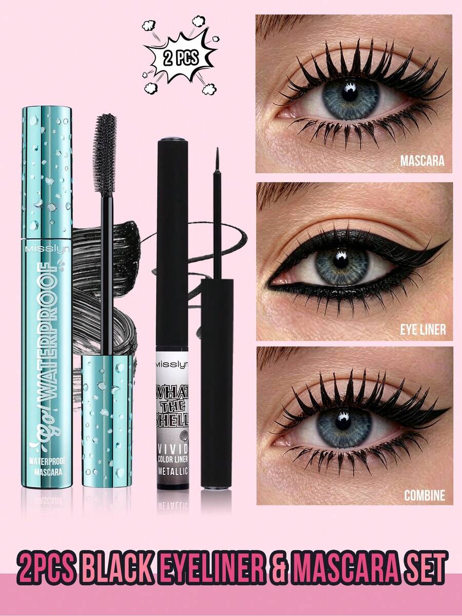 MISSLYN 2Pcs EYE MAKEUP SET, Waterproof, Smudge-Proof, Long-Lasting, High-Pigment, Lengthening, Volumizing, Ideal For Girl & Women, Daily Makeup, For Back To School, Commute, Dates, Parties, Halloween, Perfect For Y2K - #Set 1 - View 1
