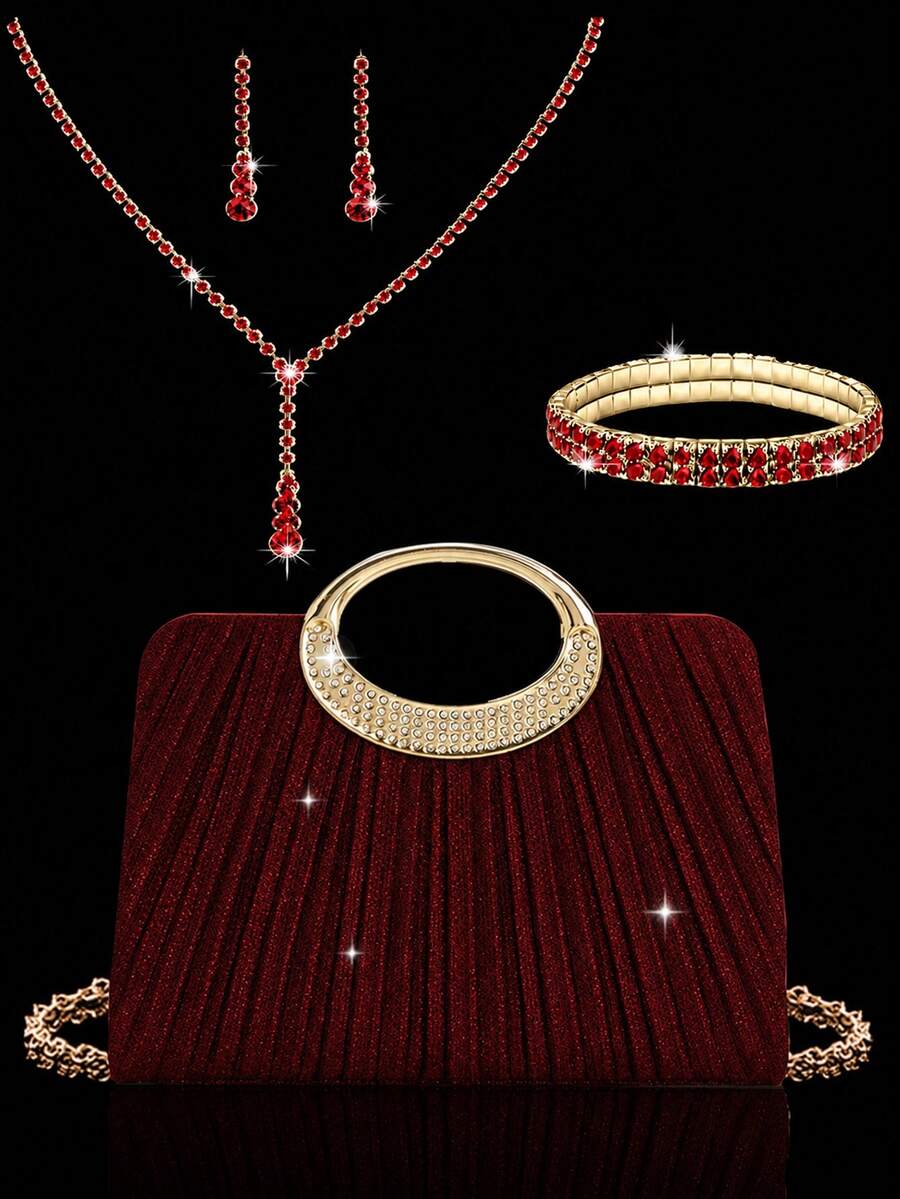 This Gold Herringbone Patterned Clutch Bag Is Adorned With Sparkling Rhinestones, Making It A Luxurious And Glamorous Formal Evening Bag. It Comes With A Sparkling Rhinestone Three Pieces Set, Including A Rhinestone Pendant Necklace, Earrings, And Bracelet, Making It A Perfect Gift For Evening Parties, Parties, Birthdays, Weddings, And Other Occasions. - Burgundy - View 1