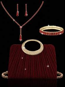 This Gold Herringbone Patterned Clutch Bag Is Adorned With Sparkling Rhinestones, Making It A Luxurious And Glamorous Formal Evening Bag. It Comes With A Sparkling Rhinestone Three Pieces Set, Including A Rhinestone Pendant Necklace, Earrings, And Bracelet, Making It A Perfect Gift For Evening Parties, Parties, Birthdays, Weddings, And Other Occasions. - Burgundy - View 13