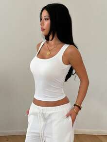 Women's White Minimalist Casual Ribbed U-Neck Padded Bust Fitted Sleeveless Basic Top, Suitable For Fitness, Travel, Outings And Daily Wear - White - View 5