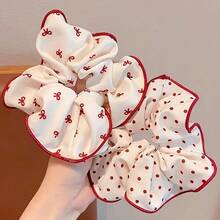2026 Latest Style 3 PiecesEveryday Hair Scrunchie Set For Women And Girls, Vintage Sweet Gingham, Polka Dot And Cherry Print Hair Ties, Voluminous - Multicolor - View 7