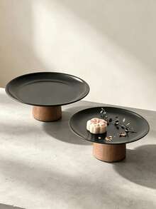 1pc Stainless Steel Cake Stand With Wooden Base, Dessert Display Plate, Multi-Functional Fruit Tray, Suitable For Table Decoration, Home And Kitchen Dining Platter, Ramadan Use - Black - View 3