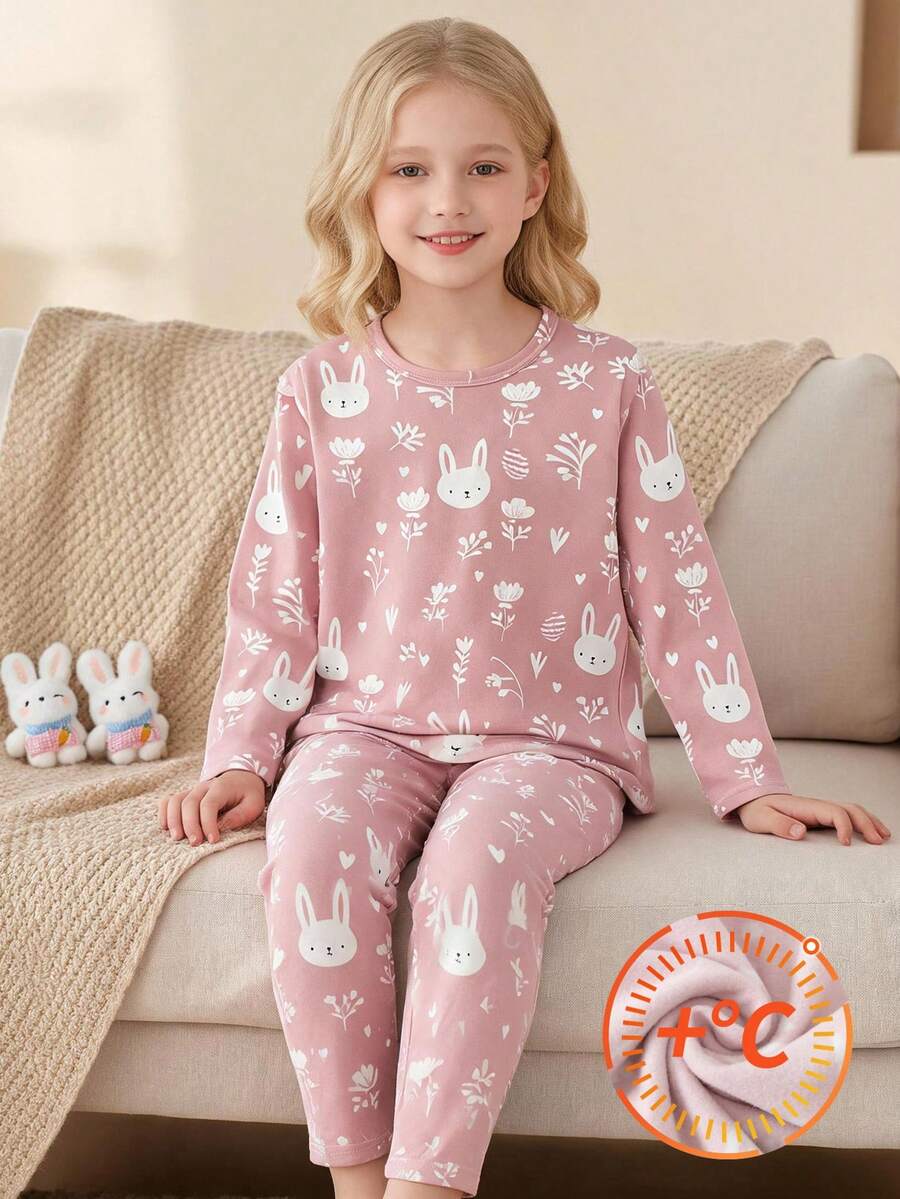 Young Girl 2pcs/Set Girls Pajama Set Long Sleeve Top And Pants Thermal Lined Thick Style Spring Autumn Winter Base Layer Versatile Clothing 4-12 Years Old - Multicolor - View 1