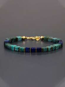 1PC Natural Lapis Lazuli Phoenix Stone Men's Bracelet, 4mm Square Beads, Metal Clasp, Daily Gift For Family & Friends. - Multicolor - View 1