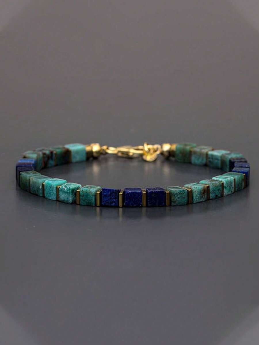 1PC Natural Lapis Lazuli Phoenix Stone Men's Bracelet, 4mm Square Beads, Metal Clasp, Daily Gift For Family & Friends. - Multicolor - View 1