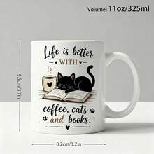 Life Is Better With Coffee, Cats And Books Coffee Mug, Black Cat Reading Books Pattern Ceramic Cup, Creative Birthday Holiday Gift For Cat Lovers, Book Enthusiasts, Bookworms - Multicolor - View 12