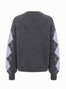 Cardigan Sweater Motif Berlian Wanita, Lengan Panjang dengan Kancing, Elastisitas Tinggi, Panjang Standar, Cocok untuk Dipakai di Musim Gugur - Grey - View 9