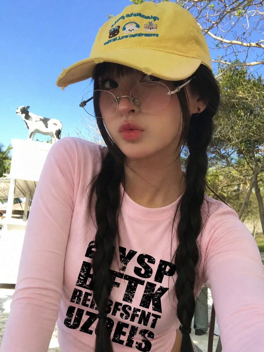 街頭風美式字母印花修身 Y2K T恤,女款秋季內搭長袖上衣 - 粉色 - 查看 1