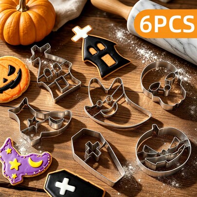 Set 6 Cetakan Kue Halloween, Cetakan Hantu Tengkorak Penyihir Sepatu Bot Rumah Hantu Peti Mati dari Baja Tahan Karat, Cetakan Kue yang Dapat Digunakan Kembali, Cetakan Kue Menyeramkan, Cocok untuk Dekorasi Pesta Kue Fondant Frosting Halloween di Rumah dan Dapur DIY