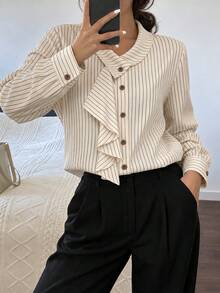 YUXIN Women's Fine Striped Ruffle Tie Neck Blouse, Front Button Long Sleeve Office Commute Top, Elegant French Style Autumn Top, Beautiful Fashion - Apricot - View 3