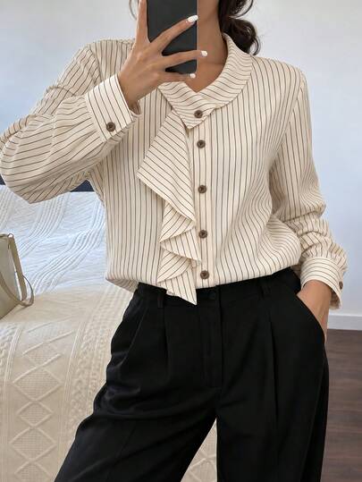YUXIN Women's Pinstripe Ruffle Tie Neck Blouse, Button Front Long Sleeve Office Workwear Shirt, Elegant French Style Fall Top, Aesthetic Chic