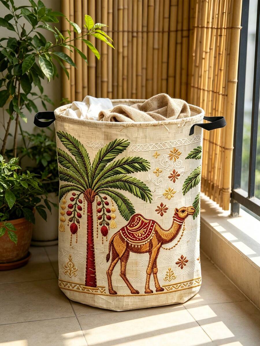 2D Flat Date Palm Tree Pattern Makeup Storage, Decorative Bohemian Style Laundry Basket, Round Laundry Basket, Craft And Sewing Supplies Storage, Camel, Date Palm Tree Pattern - Suitable For Bathroom Storage, Bedside Organizer With Sturdy Handle Storage Basket For Room Decoration, Laundry Basket - Multicolor - View 1