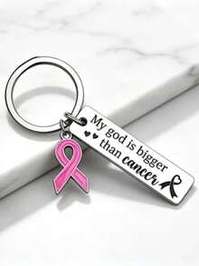 1pc/6pcs/15pcs/24pcs Breast Cancer Awareness Pink Ribbon Keychain My God Is Bigger Than Cancer Inspirational Faith Key Ring Women's Gift - Silver - View 6
