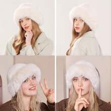 1pc Women's Winter Plush Hat, European & American & Korean Style Warm Headwear, Solid Color Cute Versatile, Thickened Design, Suitable For Winter Outfits - Multicolor - View 8