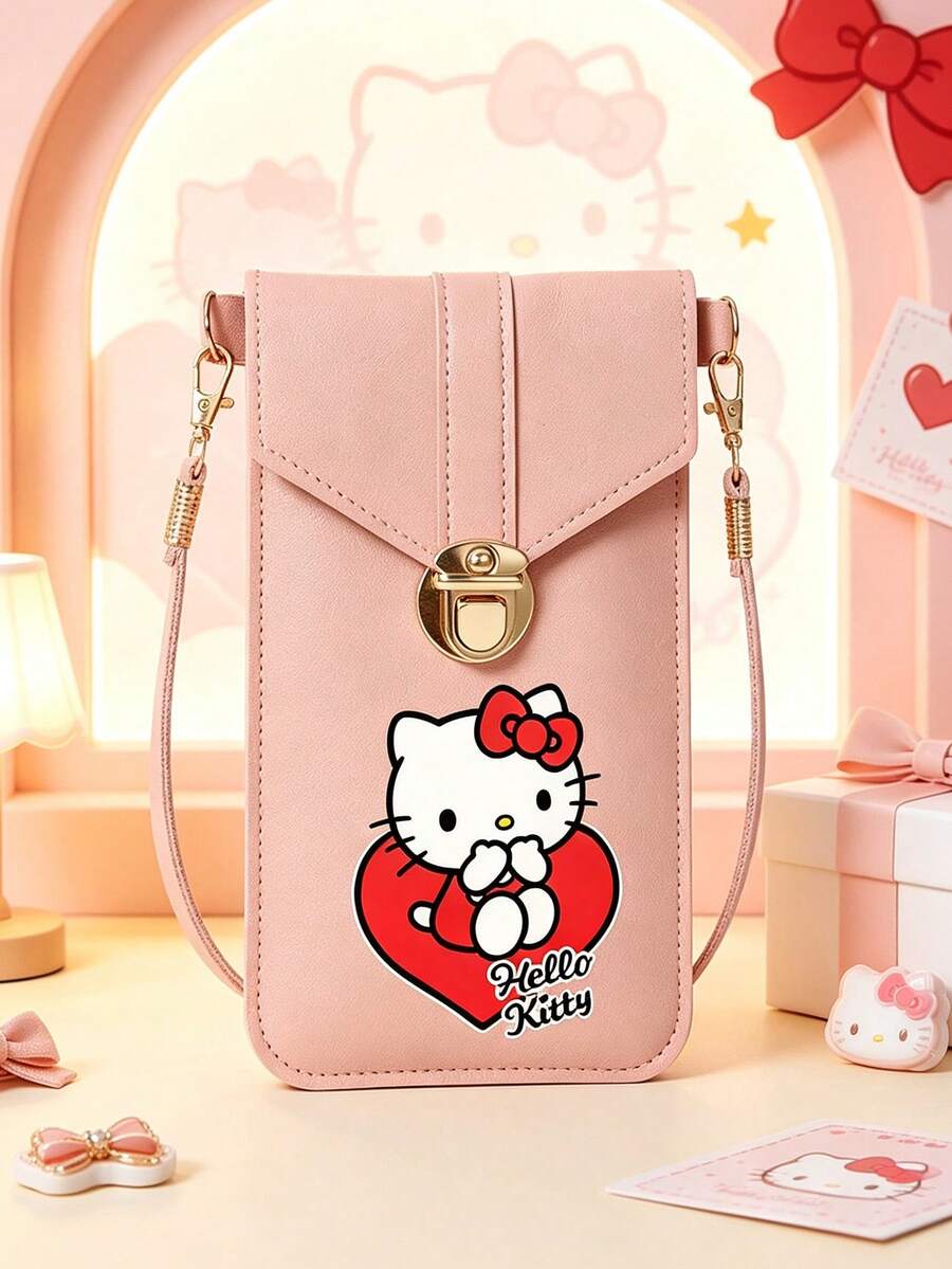 SANRIO 1 Buah Tas Selempang HP Layar Sentuh Wanita Motif Hello Kitty, Dompet Kecil Kulit PU dengan Jendela Transparan, Kantong Bahu Mini Penutup Lipat dan Tempat Kartu - MultiWarna - View 1