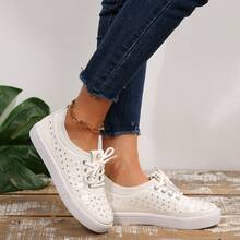 Women's Rhinestone Decorated White Sneakers Lace-Up Casual Skate Shoes Daily Commute Jeans Matching Fashion Shoes - White - View 4