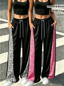 Women's Wide-Leg Pants With A Color-Blocked Leopard Print, Perfect For Casual Street Style Or Everyday Wear. - Black - View 3