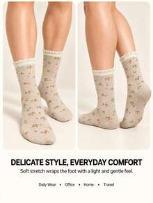 1/3/5 Pairs, Random Styles Women's Ruffle Crew Socks, Vintage Floral, Bunny & Stripe Designs, Cute Cottagecore Socks - Apricot - View 4