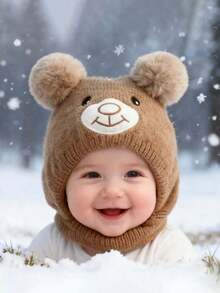 1pc Minimalist Bear Design Plush Knitted Beanie Hat, Suitable For Baby Boys In Autumn/Winter - 1PC - View 5