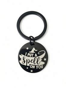 1pc New Stainless Steel Halloween Witch Keychains, I Put A Spell On You Engraved Charm, Black Key Rings, Car Bag Pendant, Halloween Party Gift - Multicolor - View 6