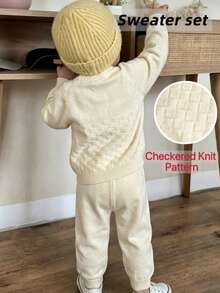 2pcs/Set 1pc Baby Boy College Style Solid Color Plaid Waffle Knit Round Neck Raglan Sleeve Pullover Sweater And 1pc Baby Boy Minimalist Style Solid Color Knit Long Pants, Suitable For School, Daily Wear, Casual, Spring, Autumn, Winter - Apricot - View 4