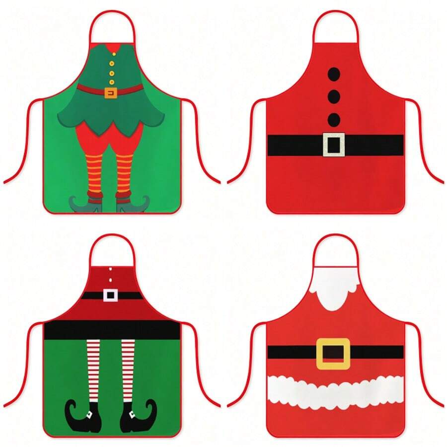 1pc Christmas Santa Claus Elf Apron Cartoon Christmas Costume Print Bib Apron Christmas Party Outfit Kitchen Baking Apron - Multicolor - View 1