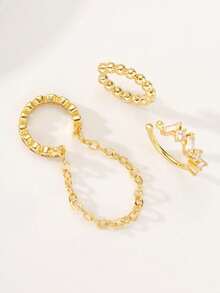 3pcs Shiny Cubic Zirconia Chain Clip Earrings Set, Multi-Layer Stacking Earrings Suitable For Women Daily, Date, Party Wear - Gold - View 3
