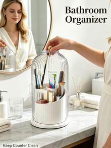 Covered Makeup Brush Holder, 360° Rotating Makeup Brush Rack, Dust-Proof Makeup Brush Storage Box, Suitable For Vanity, Bathroom Countertop, Covered Toothbrush Holder, Makeup Essentials, Cosmetic Countertop Storage Box, Shower And Sink Storage - Multicolor - View 7