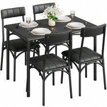 5-Piece Dining Table Set For 4, Rectangular Kitchen Table With 4 Upholstered Chairs, Metal & Wood Frame, Space-Saving For Small Apartment Dining Room, Rustic Brown/Grey - Black - View 2
