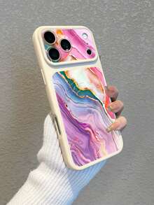1pc Cream White Frame Rainbow Gold Fluid Marble Pattern Large Window Phone Case, Raised Lens Full Coverage Shockproof Soft Shell, Artistic Gradient Print Phone Case, Luxury Fashion Birthday Gift Compatible With IPhone Case & Galaxy Case, Compatible With IPhone 18 Phone Case, Compatible With IPhone 18 Pro Max, Compatible With IPhone 16, S25 Ultra Phone Case, S24 Ultra Phone Case - White - View 2