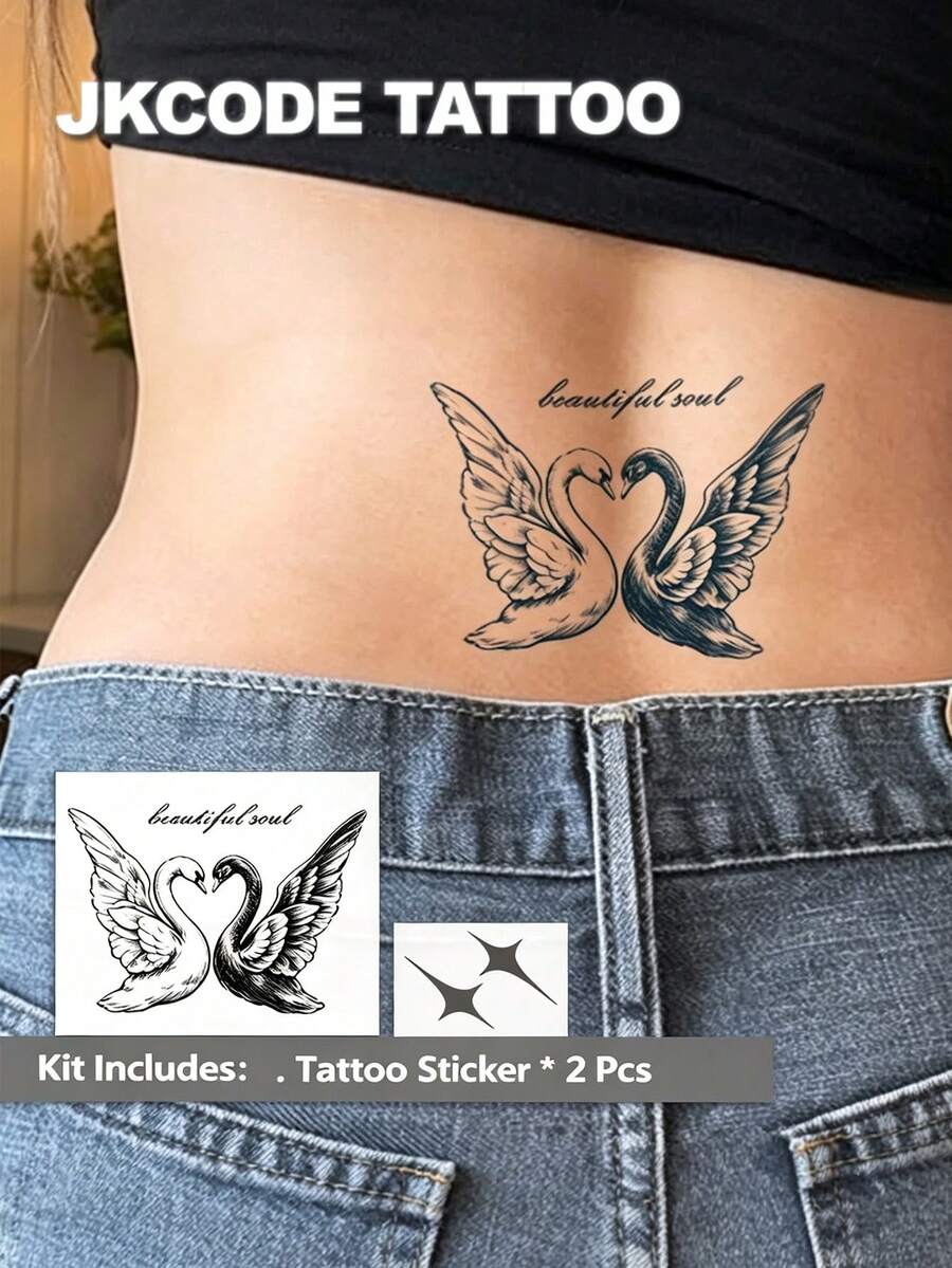 JKCODE TATTOO 2 Pcs Semi-Permanent Tattoo, "Cosmic Swan" Tattoo, Realistic Design, Hand-Drawn Art Tattoo, Mini Tattoo For Waist, Waterproof, Realistic Fake Tattoos, Botanical, Magic Tattoos, Lasts 1-2 Weeks, Neck Tattoo For Women, Perfect Gift