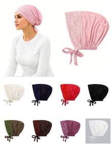 1pc Women's Lace Trim Adjustable Tie Inner Cap, Soft Modal Elastic Headscarf Inner Cap, Breathable Sleep Cap Chemotherapy Head Wrap, Multiple Colors Available - Multicolor - View 2