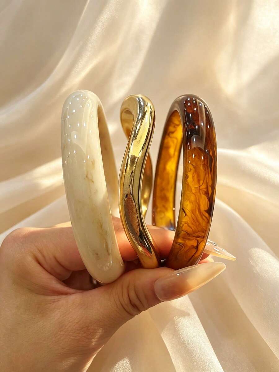 3pcs Set Fashion Vintage Thick Multi-Color Asymmetrical Acrylic Bracelet Set, Suitable For Women, Daily Wear, Gift For Friends And Family - Multicolor - View 1
