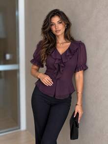 Women's Spring/Summer Apparel, French Style Elegant Romantic Short Sleeve Blouse, Beach Resort Wear, Solid Color Chiffon Ruffle Trim Summer Top, Fashionable Women's Shirt, Summer Tops - Purple - View 4