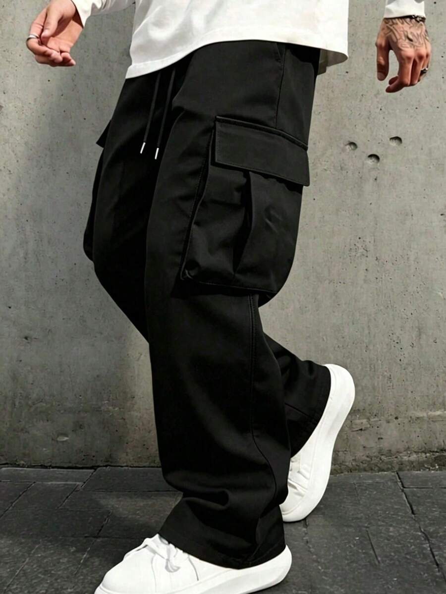 Men's Fashion Solid Color Outdoor Cargo Pants, Drawstring Waist Design, Side Pockets; Comfortable Breathable Sports Style - Black - View 1