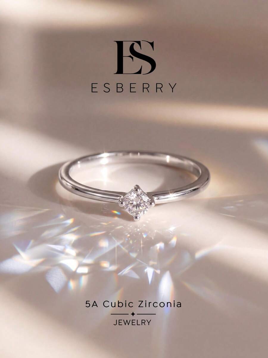 ESBERRY 1件法式簡約四爪戒指，女款珠寶，鍍鉑金，精緻飾品，日常配戴，禮物 - 銀色 - 查看 1