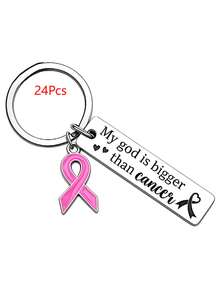 1pc/6pcs/15pcs/24pcs Breast Cancer Awareness Pink Ribbon Keychain My God Is Bigger Than Cancer Inspirational Faith Key Ring Women's Gift - Silver - View 9