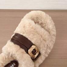 Women's Plush One-Strap Slides, Metal Buckle PU Leather Strap Open Toe Fluffy Thick Sole Warm Indoor Outdoor Slippers For Autumn Winter - Beige - View 3
