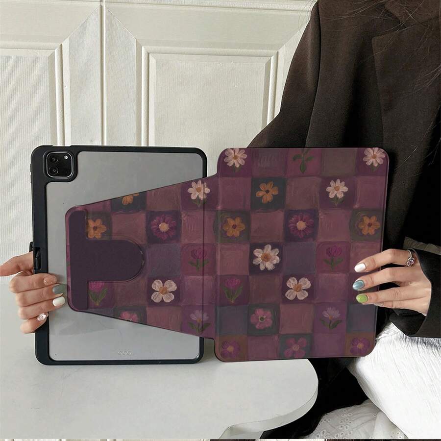 1件裝復古紫色棋盤格油畫花卉印花360°可旋轉書本式平板保護殼，相容 A16 2025、Galaxy Tab S9 FE/S8 Plus/S7/S10、Pad、MatePad、Honor Pad、Xiaoxin Pad