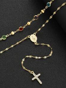 2pcs/Set Bohemian Style Colorful Crystal & Vintage Metal Cross Pendant Y-Necklace Set, Suitable For Women's Daily And Holiday Wear, Gift For Friends - Multicolor - View 5