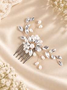 KOVLYNE 1pc Rhinestone & Pearl Hair Comb, Elegant Crystal Flower Leaf Bridal Headpiece, Sparkling Wedding Hair Accessory Suitable For Brides, Parties And Special Occasions - Multicolor - View 4