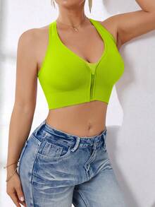 Sujetador deportivo sin costuras y con cremallera frontal de alta intensidad para mujer, adecuado para primavera, verano, otoño e invierno - Verde - Ver 8