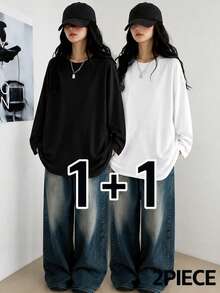 Setelan 2 Potong Kaos Lengan Panjang Wanita Musim Gugur/Dingin, Longgar, Minimalis, Serbaguna, Warna Polos - Hitam + Putih - View 2