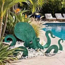 Flat Natural Rust Vintage Style 5pcs Metal Octopus Outdoor Ground Stake Decor, Distressed Hollow Design, Holiday Beach Vacation Style Creative Outdoor Decoration Gift - Octopus - View 5