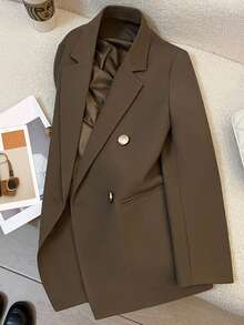 Spring/Summer Women's Solid Color Long Sleeve Double-Breasted Blazer, Notch Lapel | Suitable For Dates, Parties, Outings And Holiday Celebrations - Coffee Brown - View 2