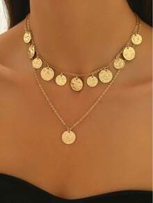 1pc Women's New Pendant Necklace, Creative Coin, Tassel, Punk Hip Hop Metal Style Layered Necklace, Daily Wear And Gift - Gold - View 1