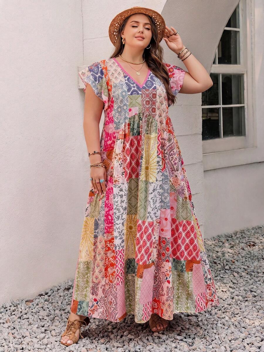 Rusttydustty Bohemian Style Pink Floral V-Neck Ruffle Sleeve Elegant Casual Dress, Suitable For Autumn/Winter Summer - Multicolor - View 1