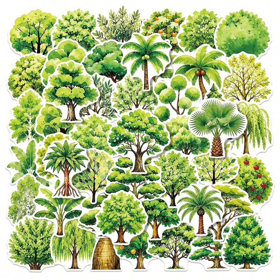 50Pcs Green Tree Sticker Kit, Tropical Palm,Leafy Shrub & Fruit‑Bearing Tree Waterproof Decals, For Art Diary, Scrap Album, Tumbler, Laptop, Phone Shell, Fresh Natural‑Style Embellishment, Nature‑Lovers Handout Treats