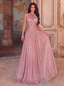 Sleeveless Halter Neck Elegant Flared Maxi Dress, Tie Back Design, Suitable For Formal Occasions, Parties, Weddings - Dusty Pink - View 4